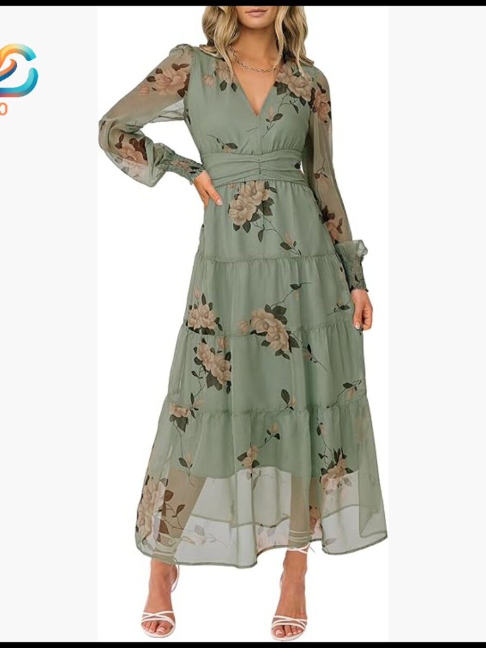 Long Sleeve Maxi Dress V Neck Chiffon Flowy Boho A-Line Wedding Guest